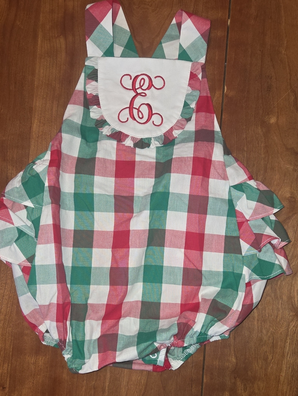 Ricrac & Ruffles Monogrammed Checkered Baby Bubble Romper - Red & Green